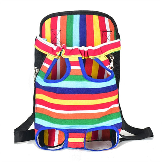 Dog riding comfortably in a breathable pet travel backpack carrier