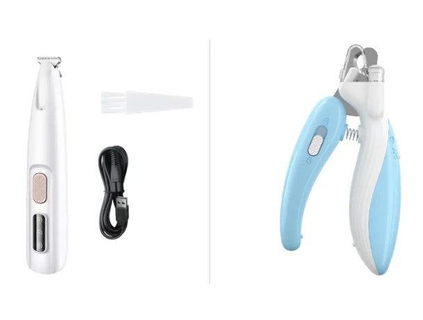 Pet paw trimmer with LED light being used to groom a dog's paw