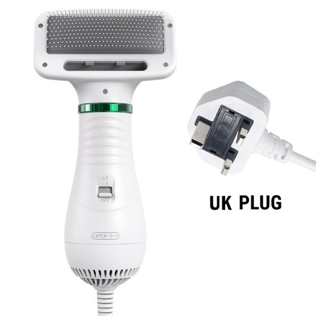Portable 2-in-1 dog hair dryer with comb attachment drying a dog's coat