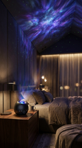NOVA·SKY Galaxy Projector projecting nebula and stars on a bedroom ceiling