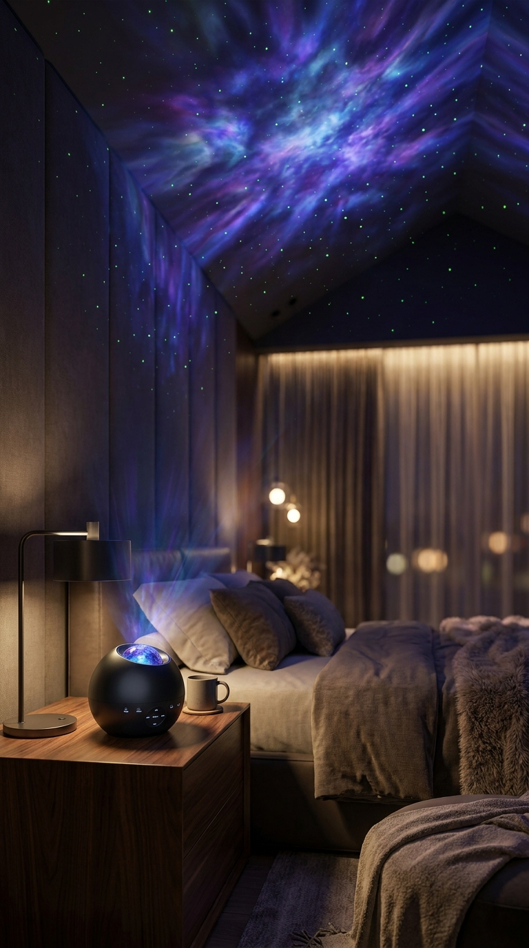 NOVA·SKY Galaxy Projector projecting nebula and stars on a bedroom ceiling